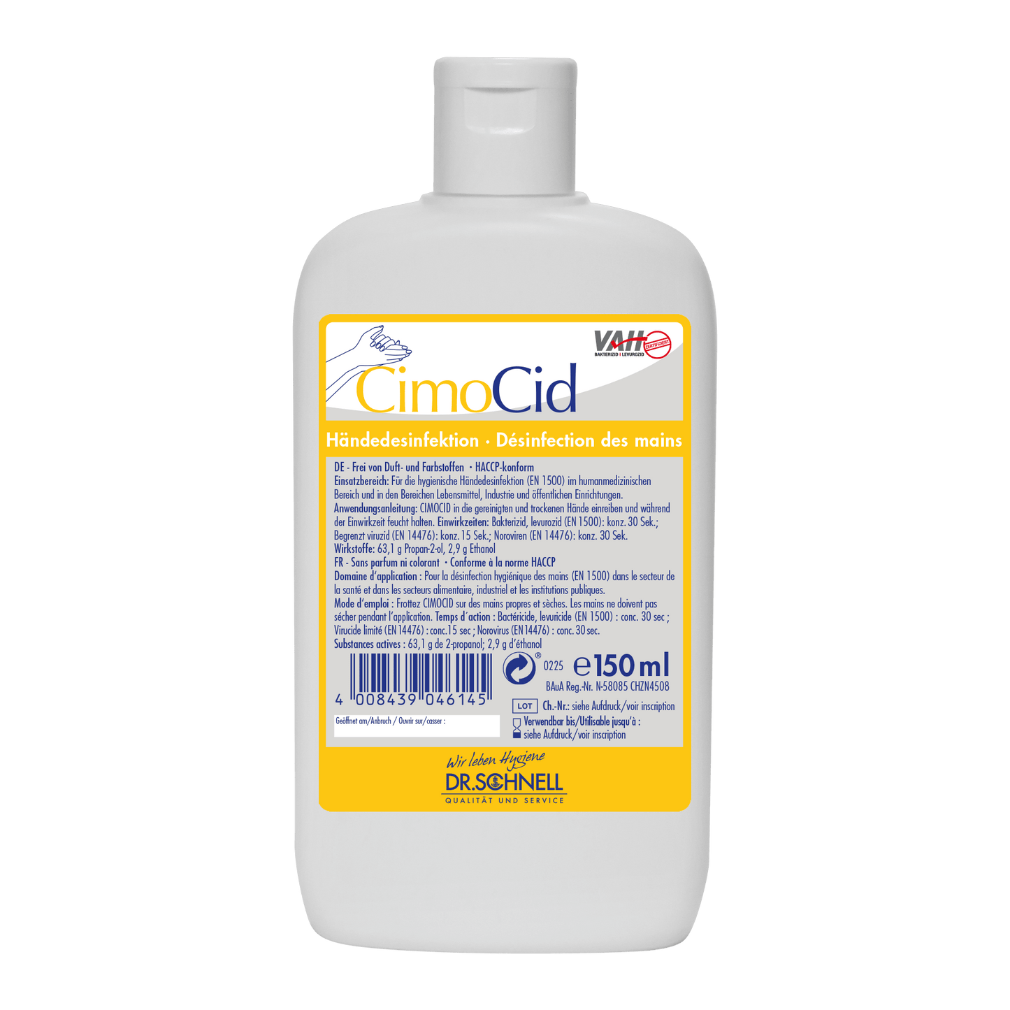 Sticlă din plastic alb cu Dr. Schnell CIMOCID SENSITIVE dezinfectant pentru mâini (150 ml) de la DR.SCHNELL GmbH & Co. KGaA, cu etichetă germană și franceză galben/albastră cu detalii despre reducerea eficientă a germenilor, cod de bare și capac închis.