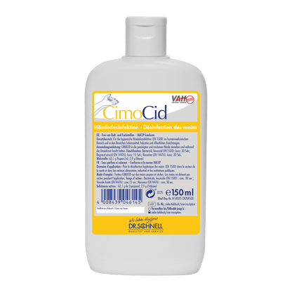 Sticlă din plastic alb cu Dr. Schnell CIMOCID SENSITIVE dezinfectant pentru mâini (150 ml) de la DR.SCHNELL GmbH & Co. KGaA, cu etichetă germană și franceză galben/albastră cu detalii despre reducerea eficientă a germenilor, cod de bare și capac închis.