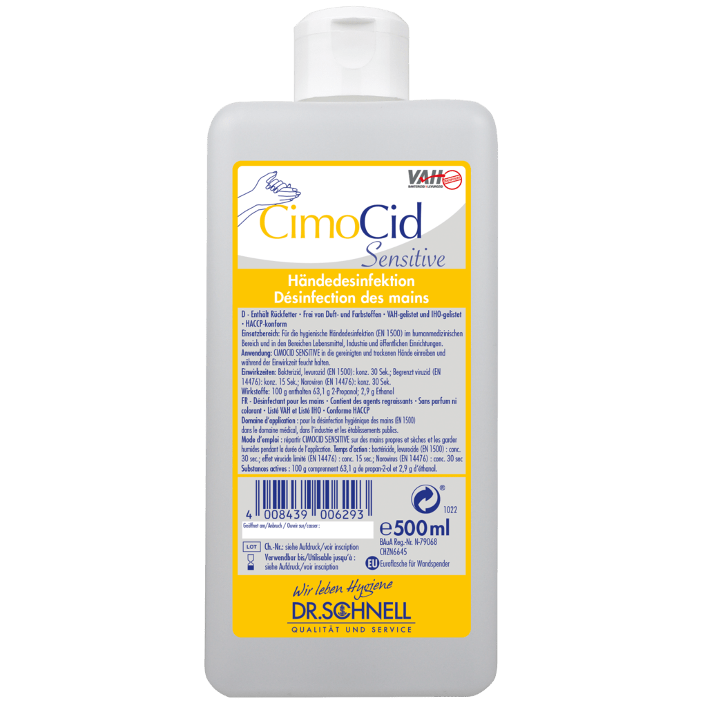O sticlă de 500 ml Dr. Schnell CIMOCID SENSITIVE dezinfectant pentru mâini de la DR.SCHNELL GmbH & Co. KGaA, cu etichetă galben-albă în limba germană și franceză cu informații despre produs, cod de bare, logo-ul mărcii și mențiune despre reducerea delicată și totuși eficientă a germenilor.