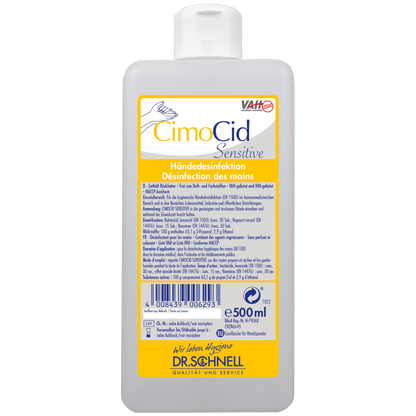 O sticlă de 500 ml Dr. Schnell CIMOCID SENSITIVE dezinfectant pentru mâini de la DR.SCHNELL GmbH & Co. KGaA, cu etichetă galben-albă în limba germană și franceză cu informații despre produs, cod de bare, logo-ul mărcii și mențiune despre reducerea delicată și totuși eficientă a germenilor.