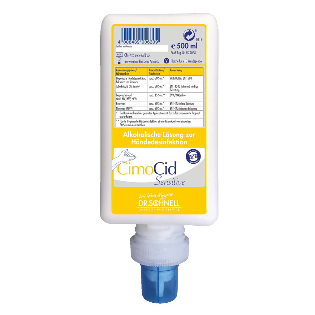 O sticlă albă de 500 ml Dr. Schnell CIMOCID SENSITIVE dezinfectant pentru mâini de la DR.SCHNELL GmbH & Co. KGaA, cu capac albastru și etichetă galben-albastră în limba germană. Delicat cu pielea, potrivit pentru reducerea eficientă a germenilor.