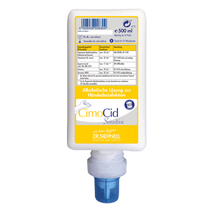 O sticlă albă de 500 ml Dr. Schnell CIMOCID SENSITIVE dezinfectant pentru mâini de la DR.SCHNELL GmbH & Co. KGaA, cu capac albastru și etichetă galben-albastră în limba germană. Delicat cu pielea, potrivit pentru reducerea eficientă a germenilor.