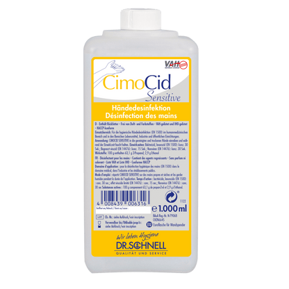 O sticlă dreptunghiulară de 1 litru Dr. Schnell CIMOCID SENSITIVE dezinfectant pentru mâini de la DR.SCHNELL GmbH & Co. KGaA cu instrucțiuni de utilizare în germană și franceză pe o etichetă alb-galbenă și capac alb pentru reducerea eficientă a germenilor.