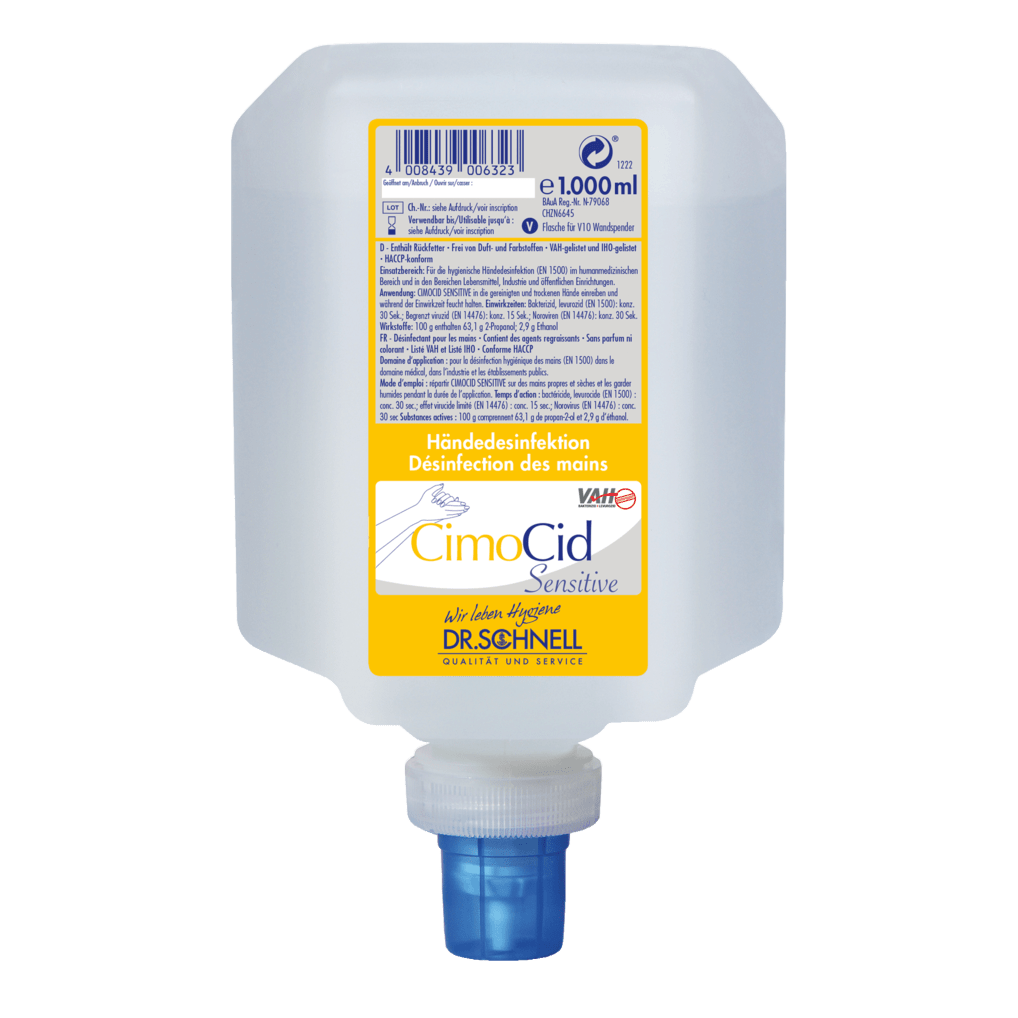 O sticlă de 1000 ml Dr. Schnell CIMOCID SENSITIVE dezinfectant pentru mâini de la DR.SCHNELL GmbH & Co. KGaA se prezintă într-un design pătrat cu capac cu șurub la bază și etichetă galben-albă care evidențiază formula de igienă delicată și eficientă.