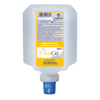 O sticlă de 1000 ml Dr. Schnell CIMOCID SENSITIVE dezinfectant pentru mâini de la DR.SCHNELL GmbH & Co. KGaA se prezintă într-un design pătrat cu capac cu șurub la bază și etichetă galben-albă care evidențiază formula de igienă delicată și eficientă.