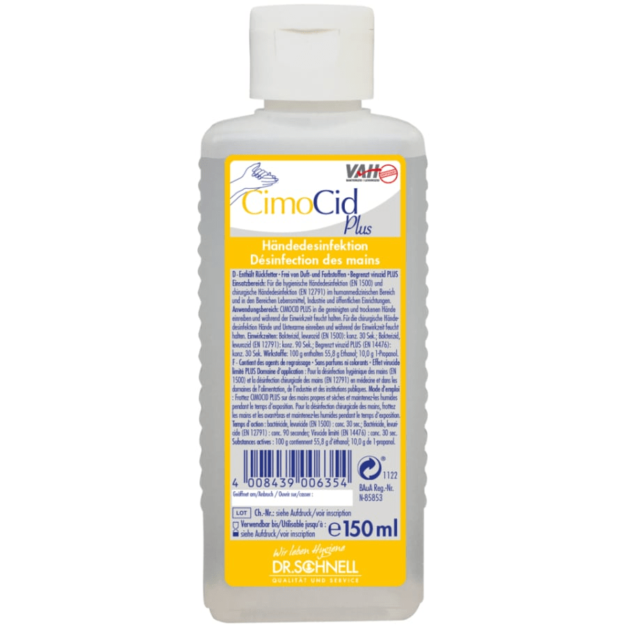 O sticlă de 150 ml de Dr. Schnell CIMOCID PLUS dezinfectant de mâini de la DR.SCHNELL GmbH & Co. KGaA, cu capac alb și etichetă galben-alb cu informații în germană și franceză, precum și scris albastru și portocaliu.