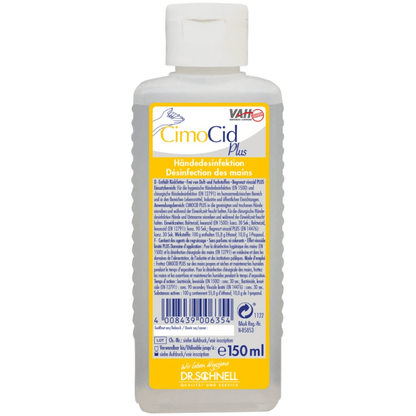 O sticlă de 150 ml de Dr. Schnell CIMOCID PLUS dezinfectant de mâini de la DR.SCHNELL GmbH & Co. KGaA, cu capac alb și etichetă galben-alb cu informații în germană și franceză, precum și scris albastru și portocaliu.