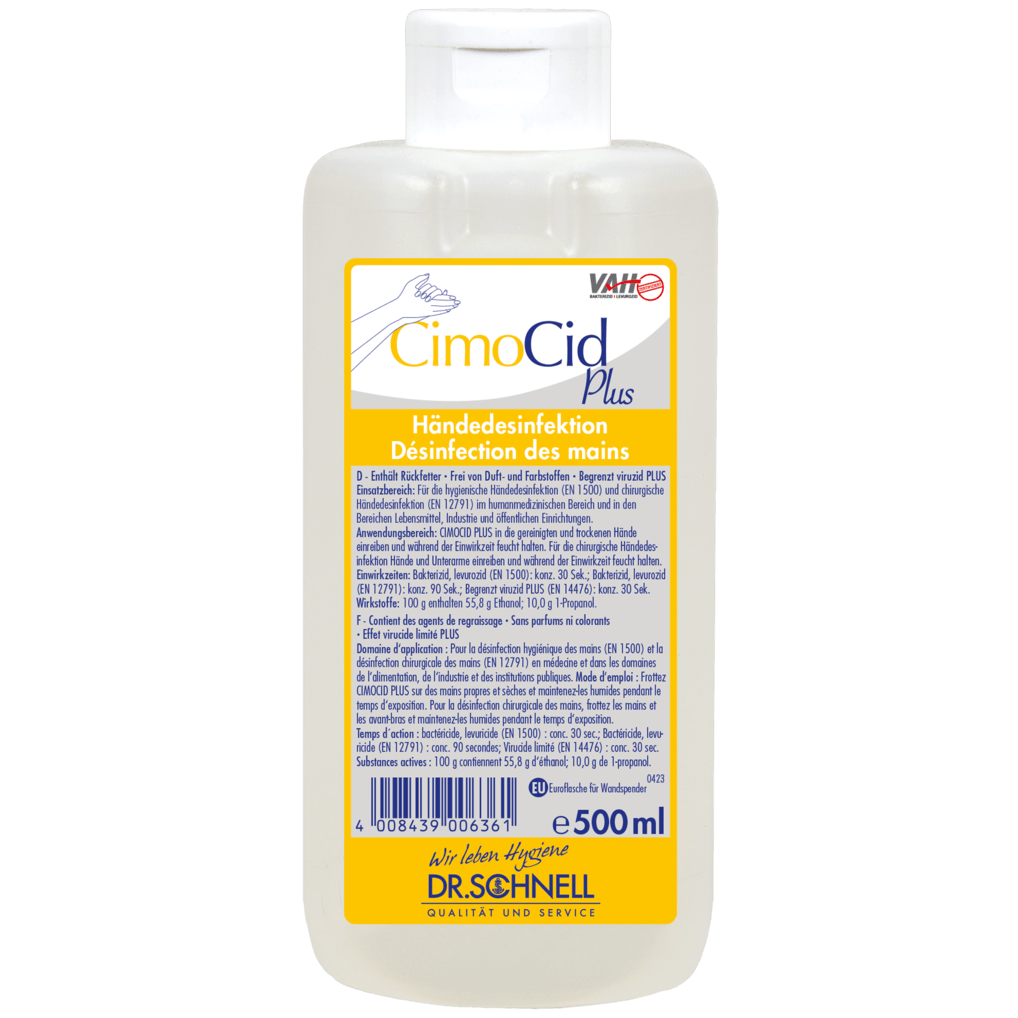 O sticlă de 500 ml de Dr. Schnell CIMOCID PLUS dezinfectant de mâini de la DR.SCHNELL GmbH & Co. KGaA cu capac alb tip flip-top; eticheta conține informații despre produs, instrucțiuni de utilizare și informații de siguranță în germană și franceză.