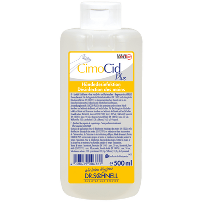 O sticlă de 500 ml de Dr. Schnell CIMOCID PLUS dezinfectant de mâini de la DR.SCHNELL GmbH & Co. KGaA cu capac alb tip flip-top; eticheta conține informații despre produs, instrucțiuni de utilizare și informații de siguranță în germană și franceză.