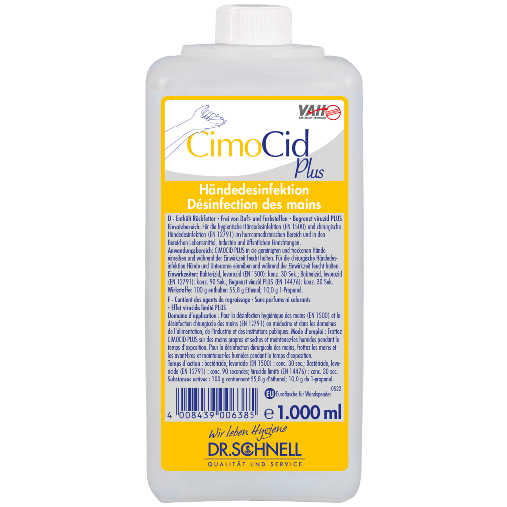 O sticlă de 1.000 ml de Dr. Schnell CIMOCID PLUS dezinfectant de mâini de la DR.SCHNELL GmbH & Co. KGaA cu capac alb și etichetă galben-albastră cu informații despre produs în germană și franceză.