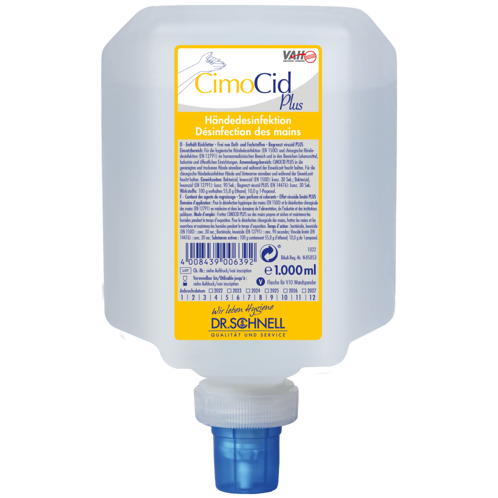 Un recipient de 1000 ml de Dr. Schnell CIMOCID PLUS dezinfectant de mâini de la DR.SCHNELL GmbH & Co. KGaA, cu un capac albastru de dozare și o etichetă galben-alb cu informații în limba germană și franceză.