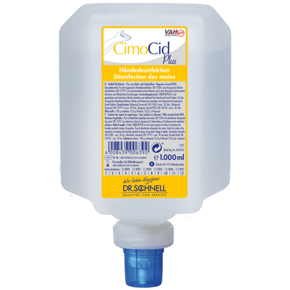 Un recipient de 1000 ml de Dr. Schnell CIMOCID PLUS dezinfectant de mâini de la DR.SCHNELL GmbH & Co. KGaA, cu un capac albastru de dozare și o etichetă galben-alb cu informații în limba germană și franceză.