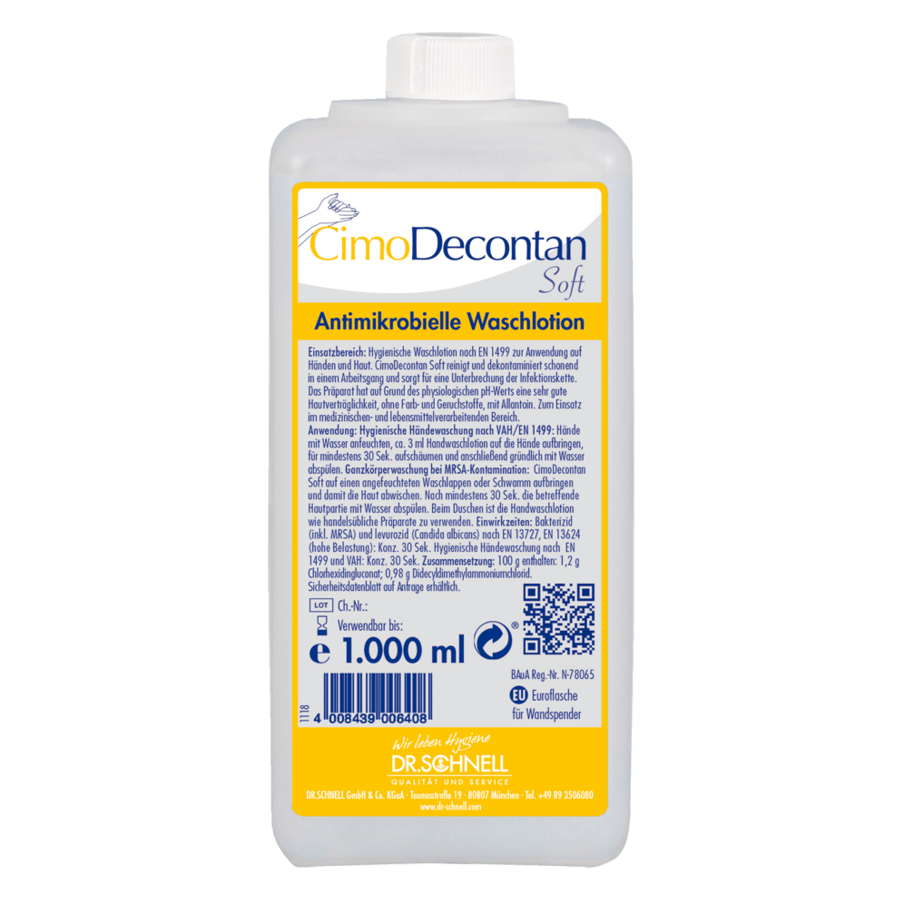 Eine 1.000 ml Flasche Dr. Schnell CIMODECONTAN SOFT Antimikrobielle Waschlotion von DR.SCHNELL GmbH & Co. KGaA, mit gelb-blauem Etikett und deutscher Anleitung zur hygienischen Reinigung von Haut und Händen.