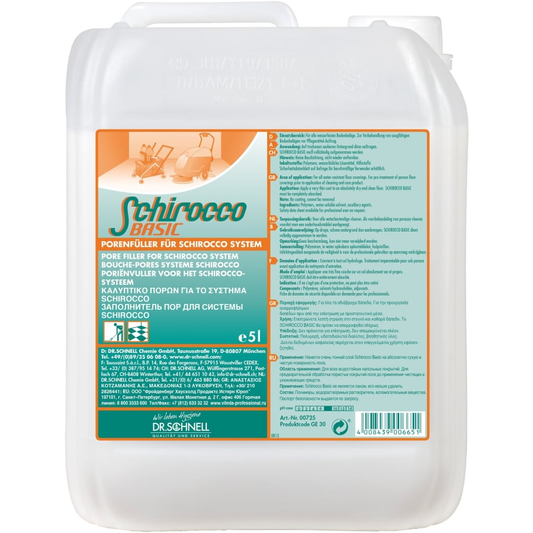 Ein 5L Behälter von Dr. Schnell SCHIROCCO Gebäudereinigung Bodenreiniger für alle Bodenarten von DR.SCHNELL GmbH & Co. KGaA, mit weißem Gehäuse, mehrsprachigem Etikett, blau/orangen Akzenten, Griff und Schraubverschluss.