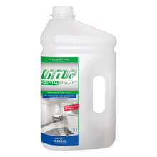 Eine 3-Liter-Flasche DR.SCHNELL ONTOP HOSPITAL BRILLIANT Hochleistungsbeschichtung für Böden, glänzend, von DR.SCHNELL GmbH & Co. KGaA; mit Henkel, Schraubverschluss und einem blau-grünen Etikett mit Produktangaben und Krankenhausflurbild.