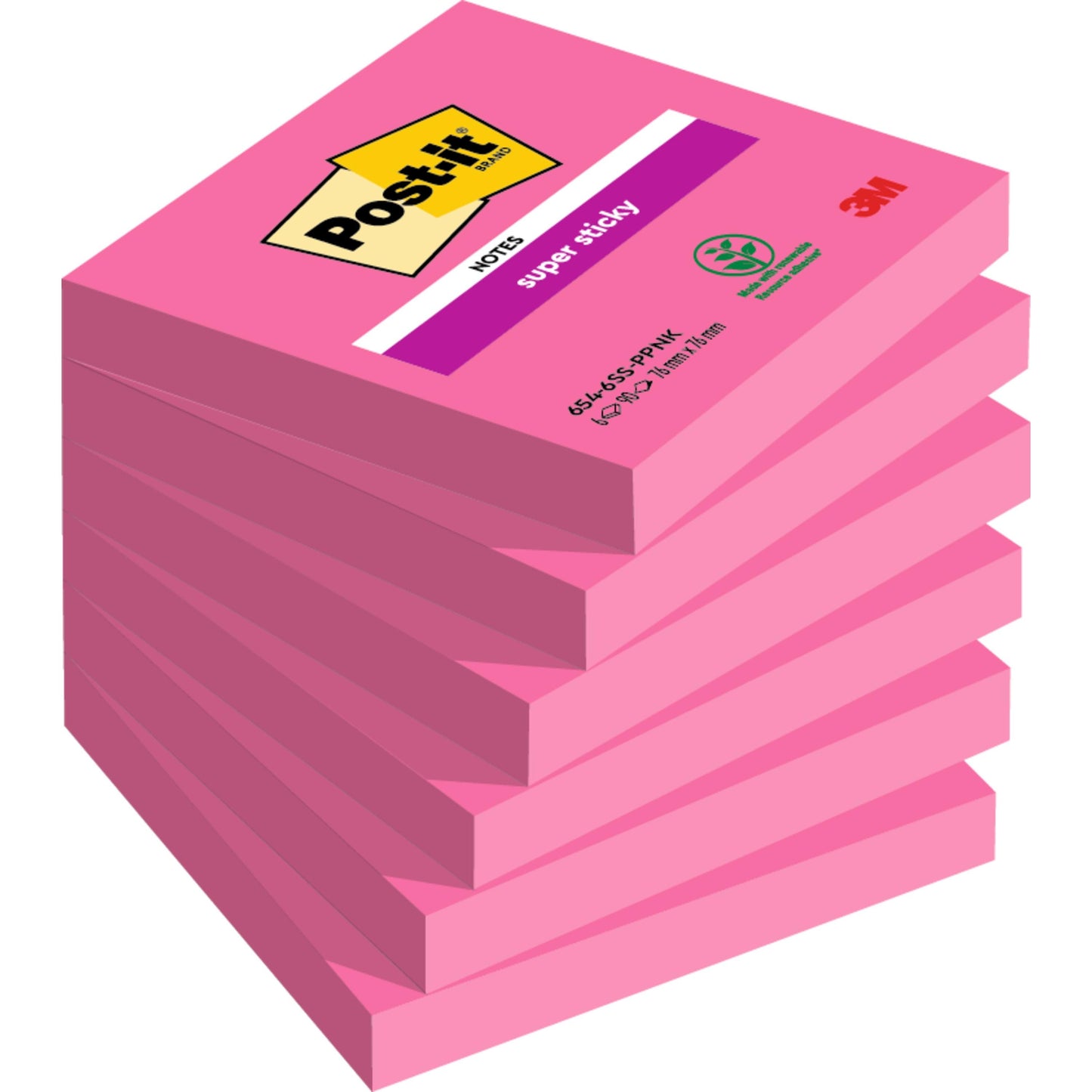Un pachet de șase Post-it® Super Sticky Notes 654-6SS-PPNK roz (76 mm x 76 mm, 90 de foi pe bloc) de la 3M Deutschland GmbH, certificat PEFC, cu inscripțiile "Notes" și "Super Sticky" în alb și violet pe blocul superior.