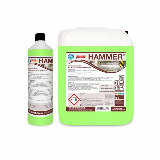 Sunt ilustrate două recipiente ale Arcora Hammer Schmutzbrecher / Detergent de bază de înaltă performanță de la Arcora International GmbH: o sticlă de 1 litru (stânga) și un canistru de 10 litri (dreapta), ambele cu etichetă albă, scris roșu și simboluri de avertizare.