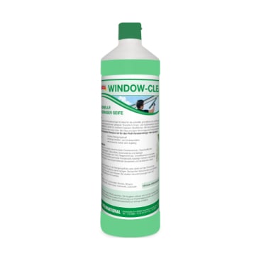 Sticla alb-verde Arcora WINDOW-CLEAN PROFESIONAL PENTRU CURĂȚAREA GEAMURILOR a Arcora International GmbH stă vertical pe un fundal alb simplu și promite o curățare a geamurilor fără urme și eficientă.