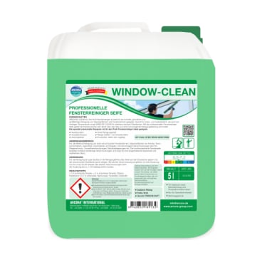 Un săpun verde Arcora WINDOW-CLEAN PROFESIONAL PENTRU CURĂȚAREA GEAMURILOR de 5L de la Arcora International GmbH, etichetat în germană cu informații de siguranță și imagine pentru curățarea geamurilor - ideal pentru o curățare profesională a geamurilor fără urme.