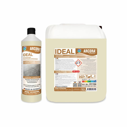 Abgebildet sind zwei Gebinde des Arcora IDEAL ALKALISCHER FEINSTEINZEUGREINIGER der Arcora International GmbH - eine 1L-Flasche mit schwarzem Verschluss und ein 10L-Krug. Beide verfügen über detaillierte Etiketten mit Text und Gefahrensymbolen, ideal für die Reinigung von Feinsteinzeug.