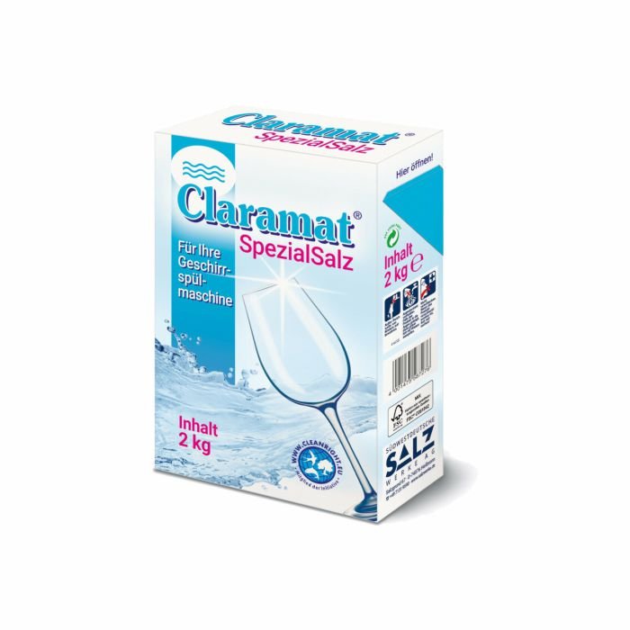 Prezentat este un pachet de 2 kg de Arcora Claramat Try Sare specială pentru toate mașinile de spălat vase de la Arcora International GmbH. Pachetul alb-albastru cu pahar și stropi de apă promovează îndepărtarea eficientă a calcarului pentru vase strălucitoare.