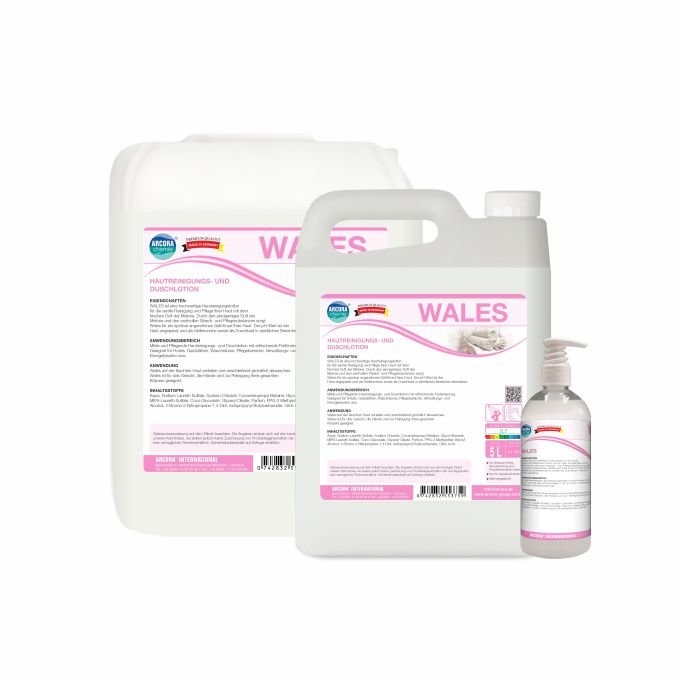 Trei recipiente Arcora WALES HAUTREINIGUNGS- UND DUSCHLOTION de la Arcora International GmbH - sticlă cu pompă, cană și bidon cu inscripție albă și roz - loțiune de duș blândă pentru toate tipurile de piele.