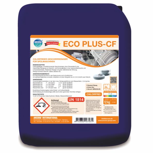 Un recipient albastru de 12 kg cu Arcora Eco Plus-Cf Detergent de vase fără clor pentru mașini de spălat vase de la Arcora International GmbH, cu detalii despre produs, simboluri de siguranță, instrucțiuni și imagini cu vase strălucitor de curate pe etichetă.