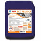 Un recipient albastru de 12 kg cu Arcora Eco Plus-Cf Detergent de vase fără clor pentru mașini de spălat vase de la Arcora International GmbH, cu detalii despre produs, simboluri de siguranță, instrucțiuni și imagini cu vase strălucitor de curate pe etichetă.