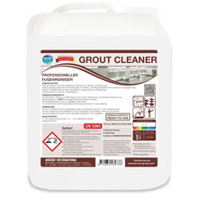 Ein weißer 5-Liter-Behälter mit der Aufschrift "Arcora GROUT CLEANER FUGEN- UND FLIESENREINIGER" der Arcora International GmbH trägt auf der Vorderseite Anweisungen, Sicherheitswarnungen, Gefahrensymbole und Produktinformationen in Deutsch und Englisch.