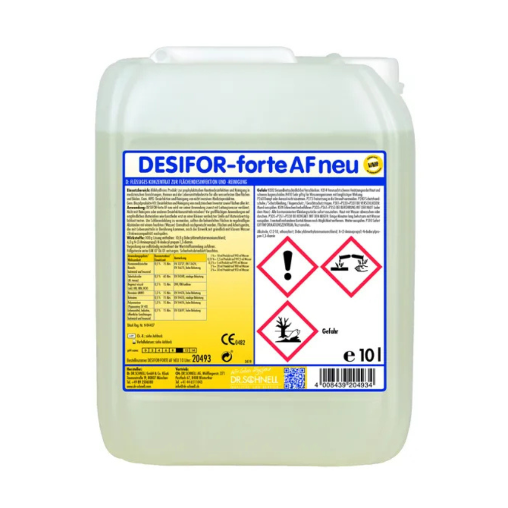 Un recipient de plastic de 10 litri de Dr. Schnell Desifor-forte AF neu Dezinfecție de suprafață de la DR.SCHNELL GmbH & Co. KGaA, cu simboluri de avertizare și o etichetă galben-albă cu informații despre produs, substanțe chimice și utilizare.
