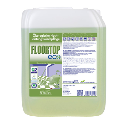 Un recipient de 10 litri Dr. Schnell Floortop Eco Concentrat de detergent pentru podea, ecologic, foarte eficient de la DR.SCHNELL GmbH & Co. KGaA, cu etichetă germană și simboluri ecologice. Lichid verde vizibil în interior; ideal pentru pardoseli rezistente la apă.