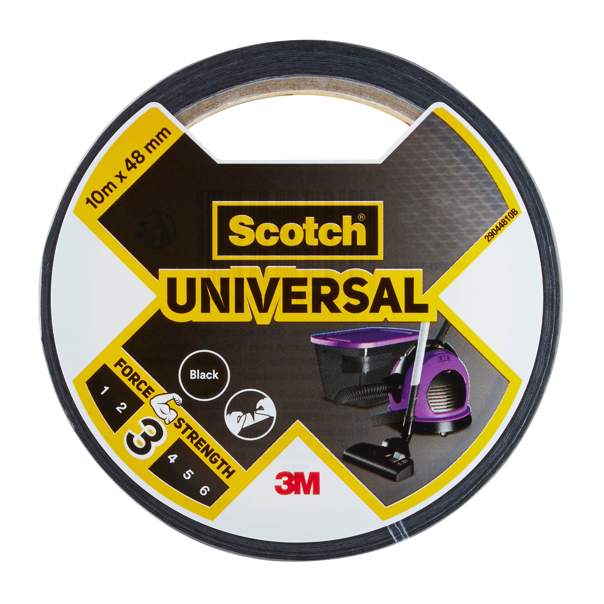 Eine Rolle Scotch® Universal Klebeband 2904, 10 m x 48 mm der 3M Deutschland GmbH wird in ihrer Verpackung mit Produktbildern, einer Kraftstärke von 3/5 und dem 3M Branding auf dem Frontetikett gezeigt.