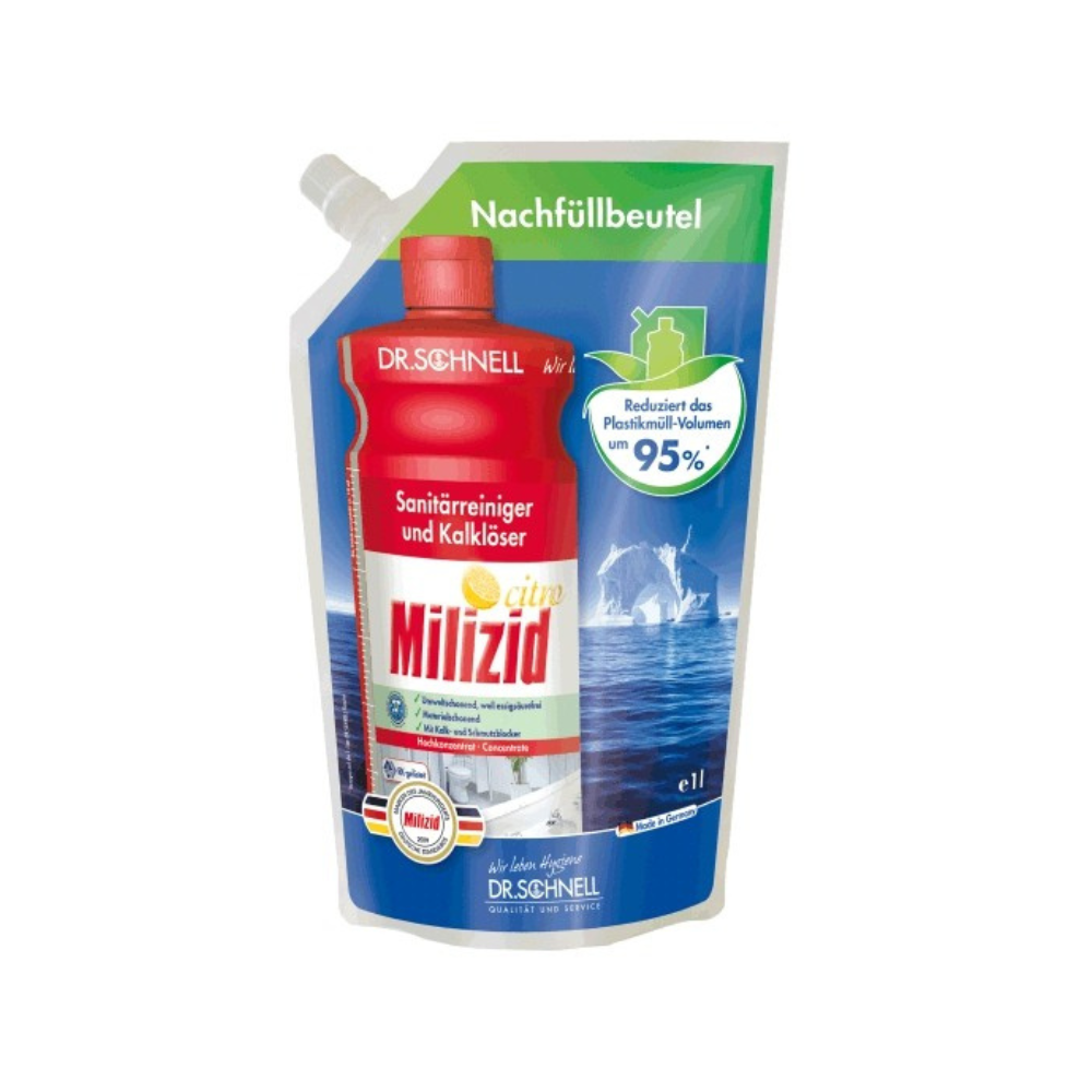 Un pachet de reumplere de 1 litru de Dr. Schnell Milizid Citro detergent sanitar și dizolvant de calcar de la DR.SCHNELL GmbH & Co. KGaA, în culori roșu-alb cu accente verzi, text în germană, gura de turnare și cu 95% mai puțin volum de plastic.