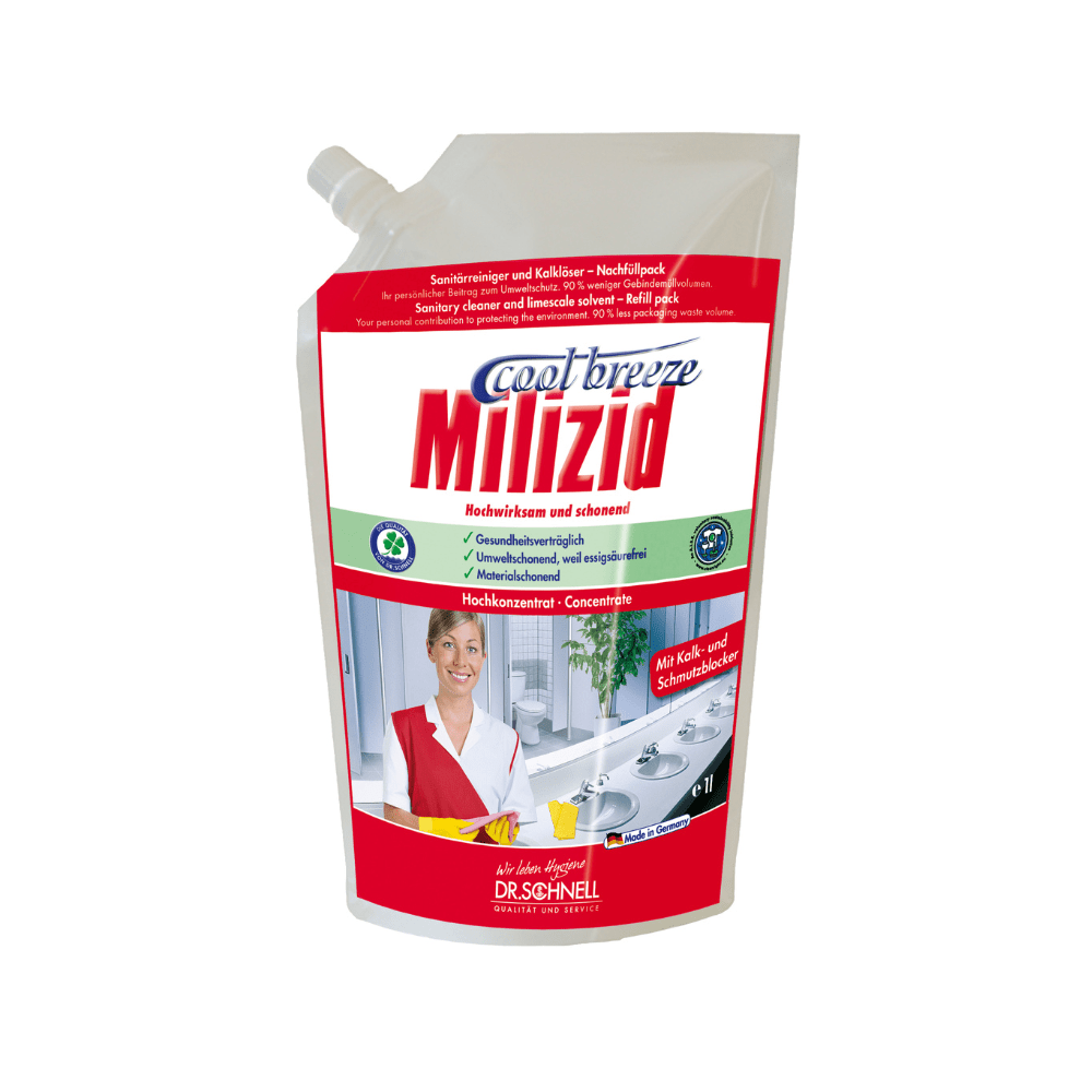 Un pachet de reumplere de 1 litru de Dr. Schnell Milizid Cool Breeze Detergent sanitar și dizolvant de calcar de la DR.SCHNELL GmbH & Co. KGaA, cu o etichetă roșie cu informații despre produs, instrucțiuni și o fotografie a unei persoane zâmbitoare în uniformă.