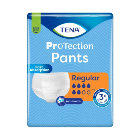 TENA - Essity Germany GmbH's TENA Protection Pants Regular Inkontinenzpants: schnelle Absorption, körpernahe Passform, 3-facher Komfort, Geruchsneutralisator, Tröpfchensymbole für Saugfähigkeit. Blau-orangefarbenes Design mit Produktfoto und Aufschrift der wichtigsten Merkmale.