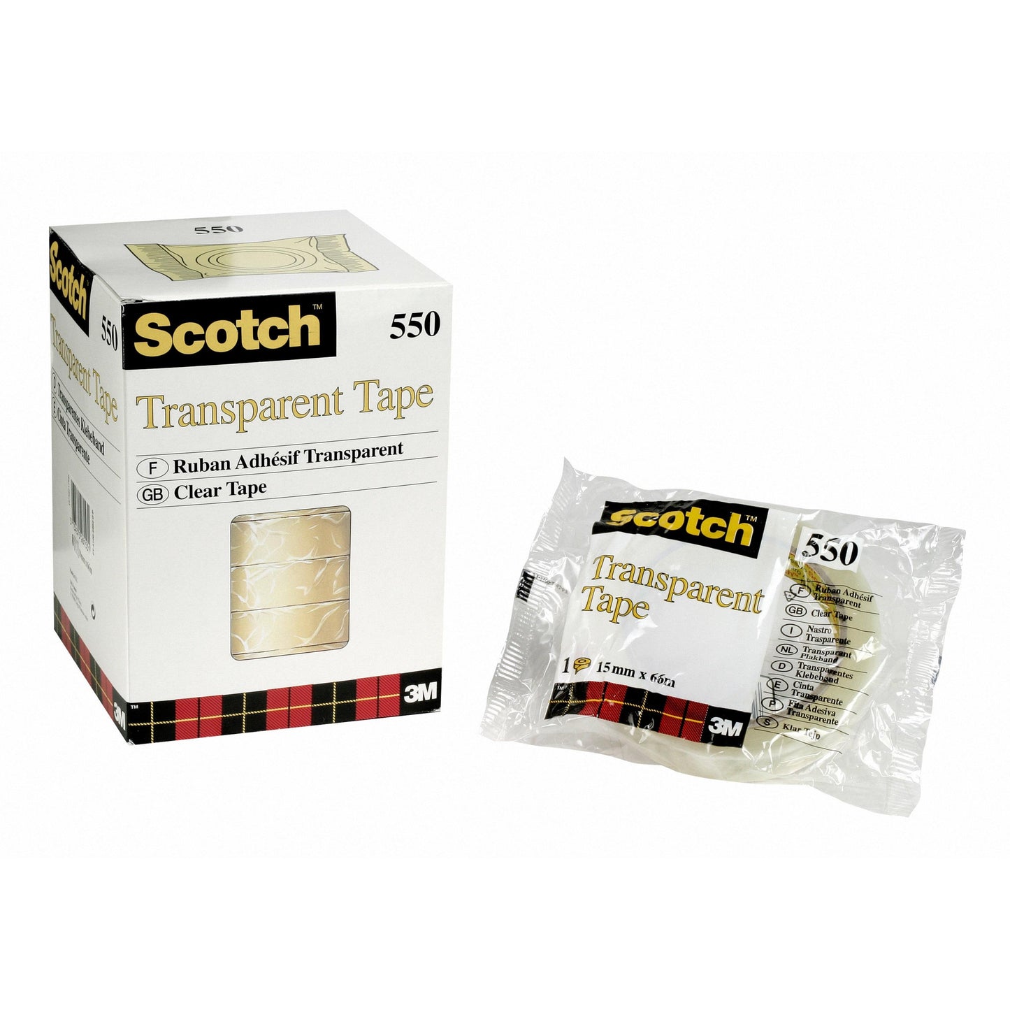 Eine Schachtel und eine einzelne Rolle Scotch® Transparentes Klebeband 550 der 3M Deutschland GmbH sind nebeneinander abgebildet, beide mit dem Scotch-Logo, Produktangaben und einem rot-schwarzen Schottenmuster auf der Verpackung.