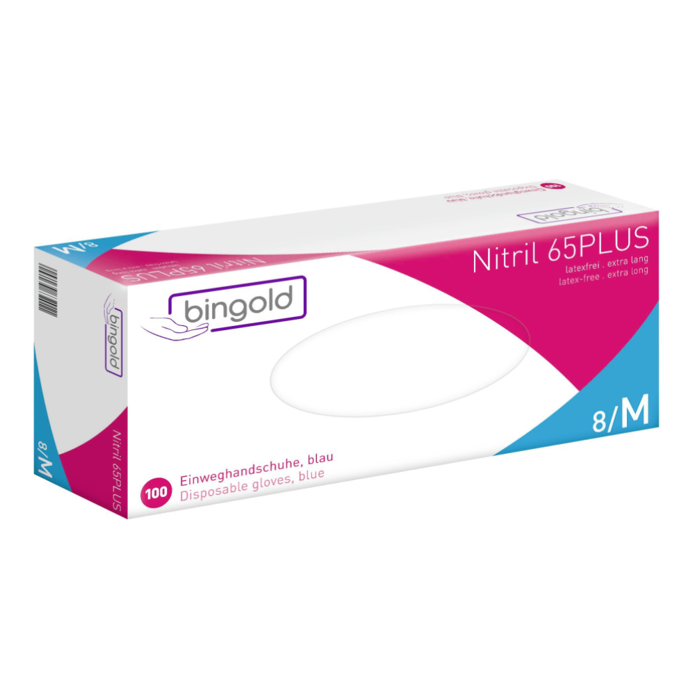 Das Paket „Bingold Nitril 65PLUS Handschuhe, blau“ der BINGOLD GmbH + Co. KG beinhaltet 100 extralange, latexfreie blaue Handschuhe aus Nitril-Butadien-Kautschuk mit mikrotexturierter Fingerkuppe für besseren Halt in der Größe 8/M.