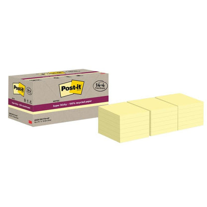 O cutie de 3M Post-it® Super Sticky 100% Notes de reciclare (76x76mm, 70 foi/bloc, 100% PEFC) este expusă lângă douăsprezece teancuri de bilețele galbene, fiecare teanc conținând mai multe notițe adezive individuale.