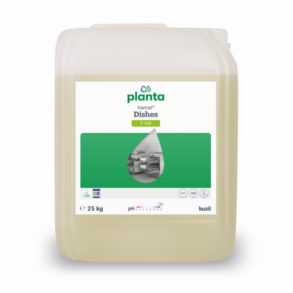 Un recipient de 25 de litri din plastic transparent cu Vamat® Geschirr P948 de la BUZIL-WERK, un detergent ecologic, alcalin pentru sticlă lichidă și vase pentru mașini comerciale, cu o etichetă verde/albă și o fotografie a vesela de bucătărie pe partea din față.