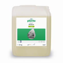 Un recipient de 25 de litri din plastic transparent cu Vamat® Geschirr P948 de la BUZIL-WERK, un detergent ecologic, alcalin pentru sticlă lichidă și vase pentru mașini comerciale, cu o etichetă verde/albă și o fotografie a vesela de bucătărie pe partea din față.