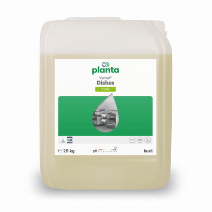 Un bidon de 25 de litri din plastic transparent, conținând detergentul pentru vase Vamat® P948 de la BUZIL-WERK, un detergent ecologic, alcalin, pe bază de sticlă lichidă, destinat mașinilor profesionale de spălat vase, cu o etichetă verde și albă și o fotografie cu vase de bucătărie pe partea din față.