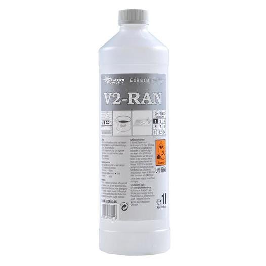 GastroPower V2-RAN, 1 l (4*1) de la Abena Re-Seller GmbH: Curățător de oțel inoxidabil în sticlă de plastic cu etichetă gri/albă, instrucțiuni, scară de pH și simboluri de pericol - ideal pentru curățarea igienică în unități de gastronomie.