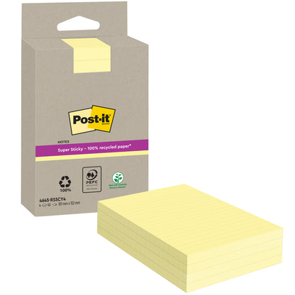 În imagine este un pachet de Post-it® Super Sticky 100% Notes de reciclare de la 3M Deutschland GmbH (galben, liniuțat, 102 x 152 mm, 45 de foi/bloc, 4 blocuri/pachet) cu ambalaj maro PEFC (SGSCH-PEFC-COC-110078) și etichetă galbenă.