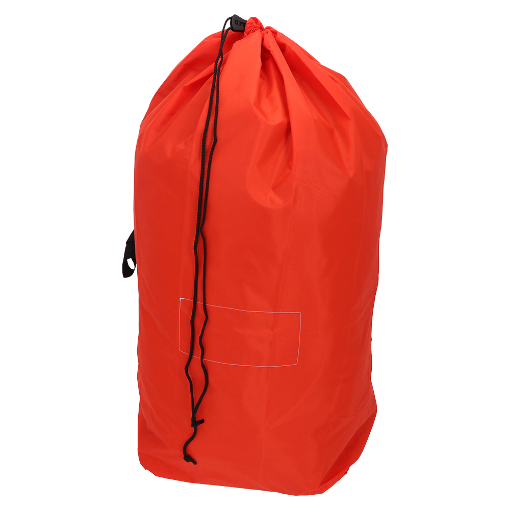 Ein großer roter EMIL DEISS KG (GmbH + Co.) DEISS 6506 Wiederverwendbarer Abfallsack (700x1100 mm) mit schwarzem Kordelzugverschluss und einer genähten rechteckigen Fläche auf der Vorderseite ist aufrecht vor einem schlichten weißen Hintergrund abgebildet.