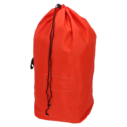 Ein großer roter EMIL DEISS KG (GmbH + Co.) DEISS 6506 Wiederverwendbarer Abfallsack (700x1100 mm) mit schwarzem Kordelzugverschluss und einer genähten rechteckigen Fläche auf der Vorderseite ist aufrecht vor einem schlichten weißen Hintergrund abgebildet.