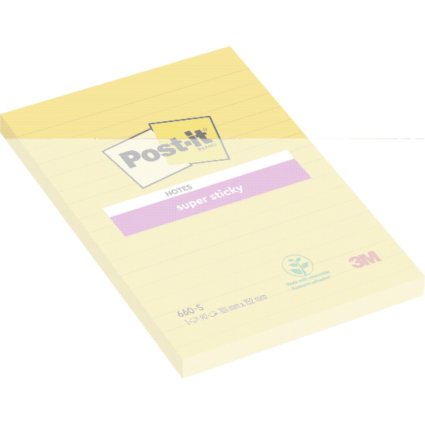 Un bloc de notițe Post-it® Super Sticky în format mare, Ultra Galben (101 x 152 mm, 90 de foi), de la 3M Deutschland GmbH, se află pe un fundal alb. Notițele sunt prevăzute cu linii de scriere și sigiliul ecologic PEFC.