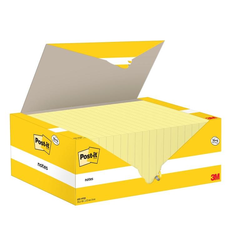 O cutie galbenă cu Post-it® Notes (76 x 127 mm) de la 3M Deutschland GmbH conține 16 blocuri plus 4 blocuri gratuite cu câte 100 de foi galbene fiecare. Certificat 100% PEFC, ideal pentru birou și notițe la locul de muncă sau acasă. Ambalaj: 1 bucată.