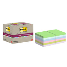 Eine Schachtel Post-it® Super Sticky 100% Recycling Notes (76 mm x 76 mm, 70 Blatt/Block, 100% PEFC) der 3M Deutschland GmbH ist neben grünen, blauen, rosa, gelben und lila Blöcken abgebildet. Die Verpackung ist mit dem 3M-Logo versehen.