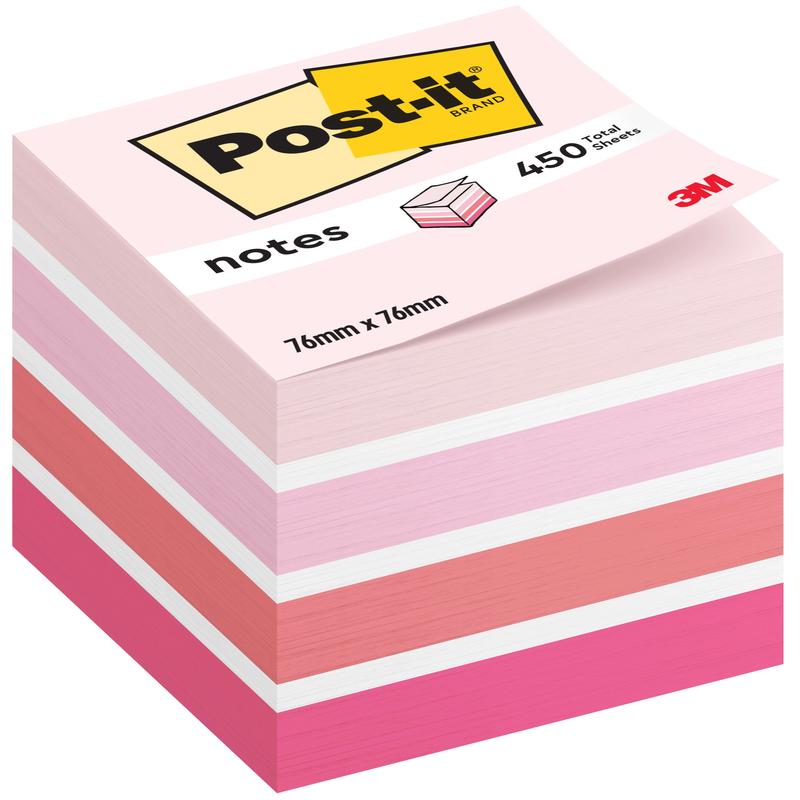 Un teanc de cuburi Post-it®, 76 mm x 76 mm, 450 foi pe bloc, de la 3M Deutschland GmbH. În nuanțe de roz, alb și piersică; ambalajul poartă logo-ul "Post-it" și indică certificarea 100% PEFC.