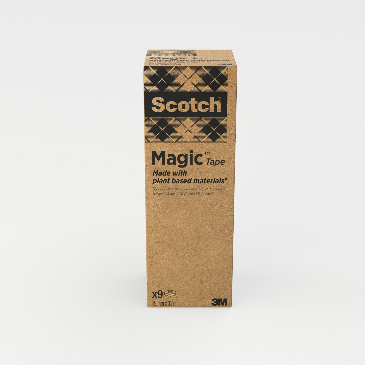 Die 3M Deutschland GmbH Scotch® Magic™ Klebeband-Box aus 66% pflanzlichem Klebstoff enthält neun Rollen (je 19 mm x 33 m) und eignet sich ideal für jeden Bürobedarf. Die braune Box zeigt schwarze und goldene Akzente.